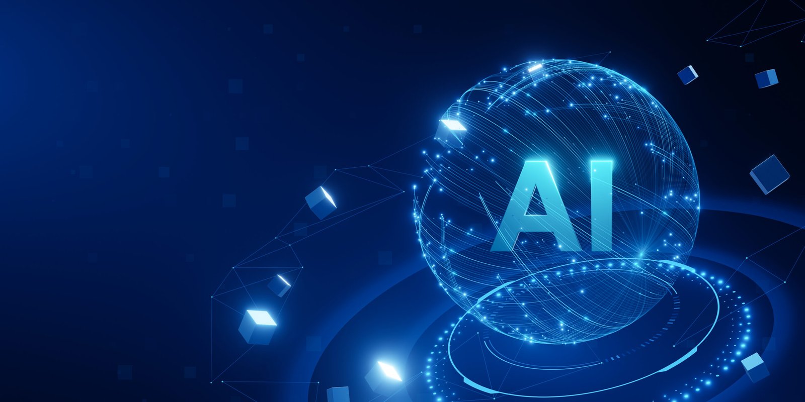 A blue background with a glowing sphere with the letters AI on it